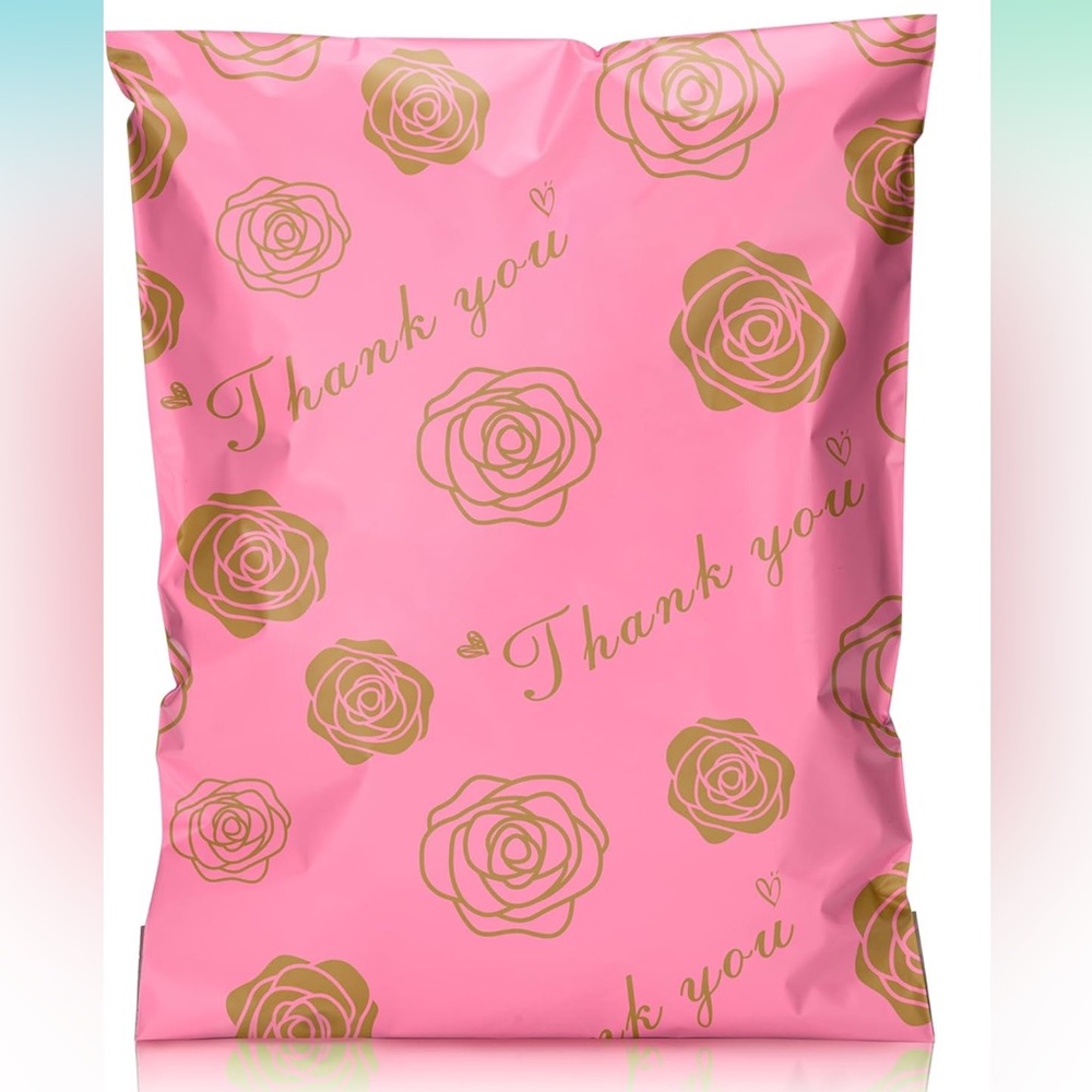 20 Pack "Thank You" Poly Mailers 6x9  Pink & Gold Roses + 25 Bonus Free Stickers